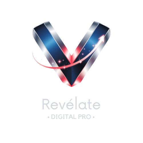 Revélate • DIGITAL PRO • Logo Revélate Digital Pro, una V grande en color plata azul y rosa y las letras Revélate Digital Pro, debajo de la V